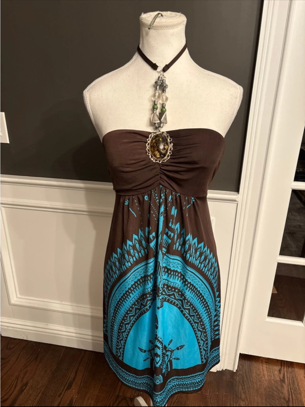 Y2K Jeweled Halter Mini Dress Brown Turquoise Boho
Fairycore S/M